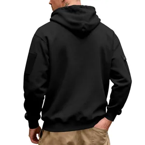 Back view of a heavy fleece men's black hoodie with tactical sleeve pocket details