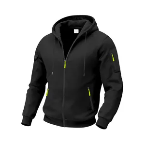 Men's heavy fleece zip-up hoodie with neon yellow accents and hooded design in black.