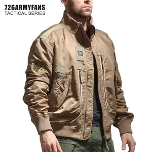Men's tactical flight jacket in khaki with stand collar and decorative patches