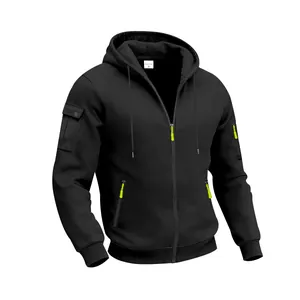Detail view of men's heavy fleece zip-up hoodie featuring tactical pockets and neon pulls