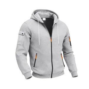 Professional grey men's heavy fleece zip-up hoodie with tactical arm pocket and orange accents