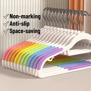 Colorful rainbow plastic hangers with non-slip grip and space-saving slim design