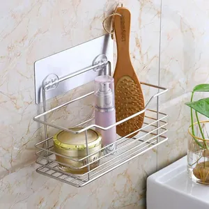 Wall-mounted stainless steel storage rack with adhesive hooks for bathroom organizing