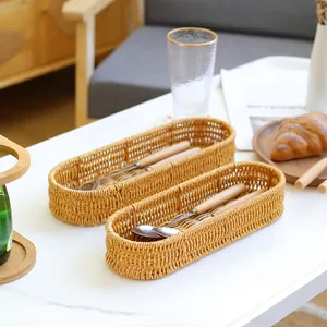 Handwoven simulated rattan cutlery storage basket for kitchen tabletop kitchen organization
