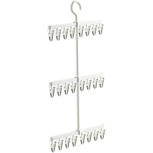 Vertikaler weißer Multi-Clip-Wäscheständer für Babykleidung, Socken und Hüte im Haus.