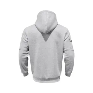 Detailed back view of a heavyweight grey men's hoodie featuring a sleeve pocket