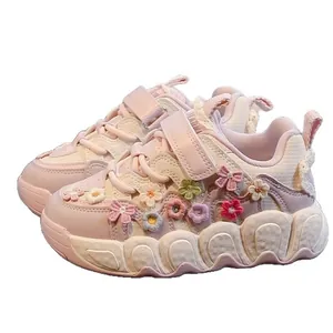 Pink floral sneakers for girls with soft soles and velcro straps for casual wear