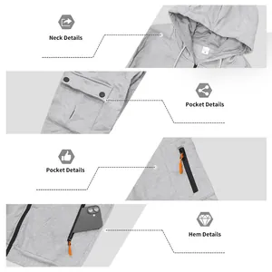 Close-up of gray hoodie showing neck, zippered pockets, and elastic hem details.