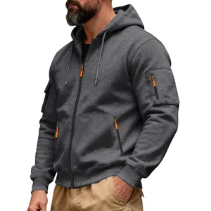 Side view detail of a men's dark grey heavyweight fleece zip-up hoodie with orange pulls