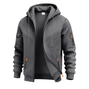 Dark grey heavyweight fleece zip-up hoodie for men featuring tactical sleeve pockets.
