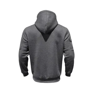 Detailed back view of a men's heavy grey fleece hoodie with a sleeve utility pocket.