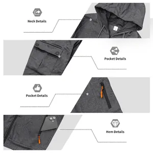 Detailed views of pockets, hem, and hood of a heavyweight fleece zip hoodie