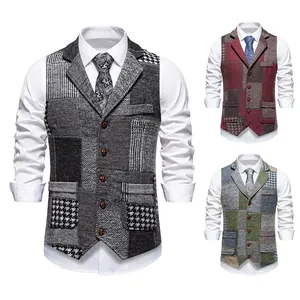 Gilet de Costume Patchwork Rétro pour Hommes Gilet Ajusté en Velours Côtelé à Carreaux Veste sans Manches à Col en V Style Britannique