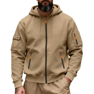 Front view of khaki heavy fleece zip-up hoodie with tactical cargo pockets on sleeves.