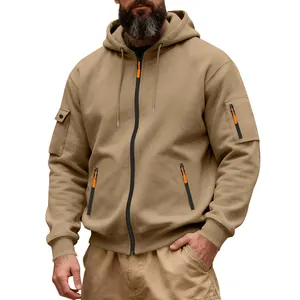 Men's heavy fleece zip-up hoodie with cargo pockets and drawstring hood