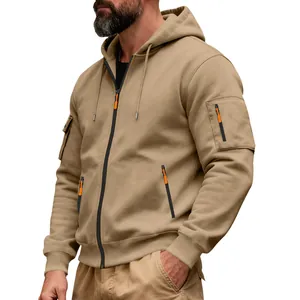 Heavyweight fleece zip-up hoodie jacket for men in khaki workwear style with pockets