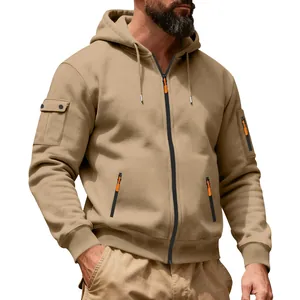 Detailed view of men's heavyweight khaki zip-up hoodie with tactical sleeve pockets