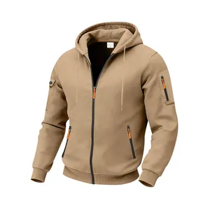 Detailed view of men's heavy fleece khaki zip-up hoodie with utility sleeve pocket