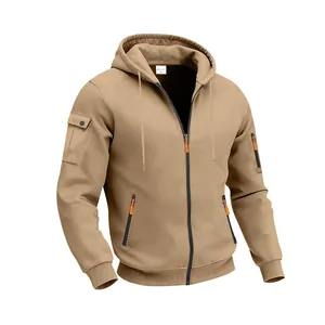 Detail view of men's khaki heavy fleece zip-up hoodie with tactical utility pockets