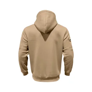 Detailed back view of a heavyweight khaki fleece hoodie for men with utility sleeve pocket