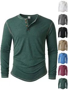 Chemise Henley à Manches Longues pour Hommes Coupe Ajustée Surpiqûres Contrastées Patte de Boutonnage Haut Doux et Respirant