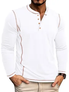 T-shirt Henley décontracté blanc à manches longues pour hommes avec patte à 4 boutons