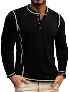 Chemise Henley décontractée à manches longues pour hommes avec coutures contrastées