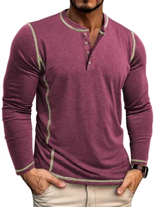 Henley décontracté pour homme à manches longues avec patte à quatre boutons et coutures