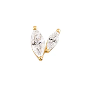 Detail view of F136 titanium earring charm featuring dual marquise cut clear stones