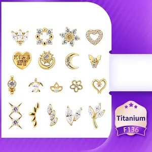 F136 Titanium Alloy 18K Gold Plated Piercing Stud Earrings Zirconia Inlaid Heart Moon Butterfly Star DIY Accessories For Unisex Jewelry