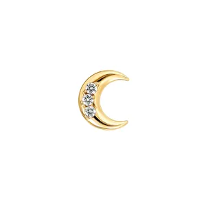 F136 titanium alloy crescent moon stud earring with 18k gold plating and three crystals