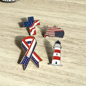 Broche Émaillée Drapeau USA Épingles Rouge Blanc Bleu Étoiles Rayures Badge Carte Américaine Croix Phare Ruban Épinglette Bijoux