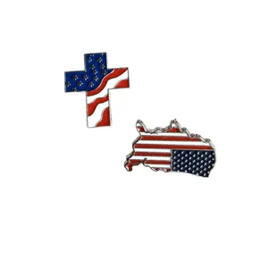 Lot de broches drapeau américain en forme de croix et carte des USA, rouge blanc bleu.