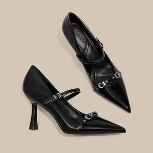 Zapatos de Tacón de Aguja para Mujer con Punta Estrecha Elegantes Mary Jane de Cuero PU con Hebilla de Metal Estilo Francés Vintage