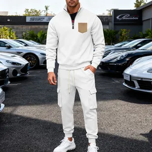 Men's white heavyweight fleece tracksuit set with stand collar and cargo pockets detail view.