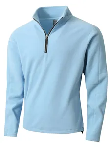 Lichtblauwe heren polar fleece sweatshirt met halve rits, opstaande kraag en lange mouwen