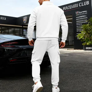 Detailed back view of men's white heavyweight fleece stand collar cargo tracksuit set