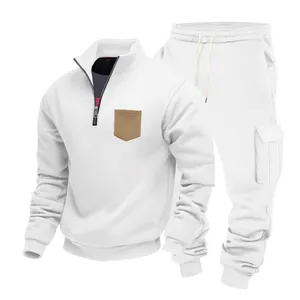 Heavyweight white men's fleece-lined cargo sweatsuit with quarter-zip and brown pocket