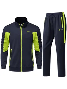 Macro view of navy and neon yellow sports tracksuit featuring zip jacket and pants