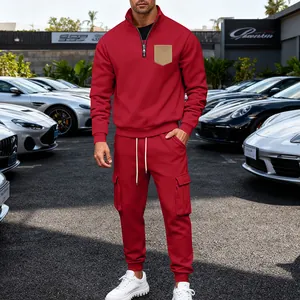 Men's red heavy fleece two-piece tracksuit featuring a half-zip sweatshirt and cargo pants