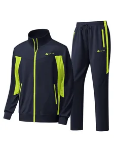 Professional navy and neon green mens 2-piece tracksuit set with zipper jacket
