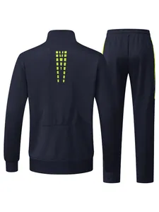 Back view of men's navy blue two-piece sports tracksuit with neon yellow patterns