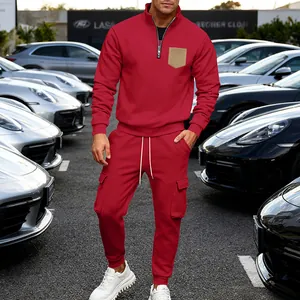 Men's heavy fleece red tracksuit set with half-zip sweatshirt and cargo joggers pants