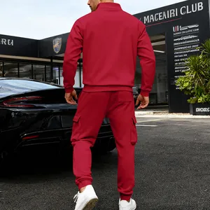 Men's red heavy fleece tracksuit set with stand collar sweatshirt and cargo pants