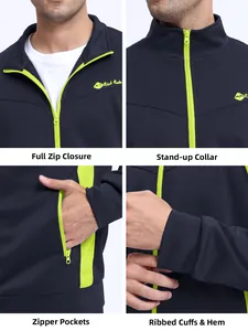 Detailed view of men's navy and lime green sports jacket with zipper pockets