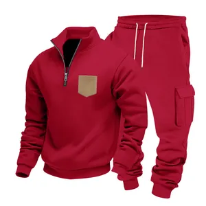 Men's burgundy fleece two-piece tracksuit with quarter-zip top and cargo pants