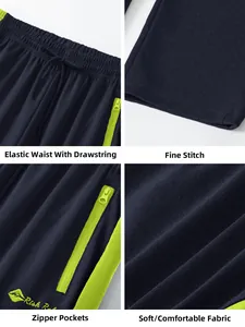 Close-up details of men's sports pants featuring zipper pockets and elastic waist