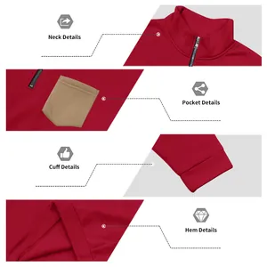 Close-up details of red quarter-zip fleece sweatshirt neck, pocket, cuff, and hem.