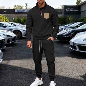 Men's heavy American style fleece-lined tracksuit with stand collar and cargo pockets black
