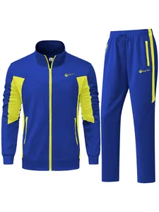 Men's two-piece blue and yellow sports tracksuit with zip-up jacket and matching pants